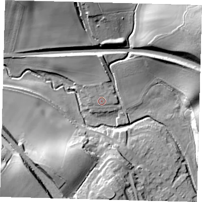 Shaded relief map of the ground around SG143RG, computed from Environment Agency LiDAR. The ground here sits at about 61 m above sea level and falls 26 m across the surrounding 800 m. Surface water reaching this point runs off ground lying to the north-west, 1.1 m higher.