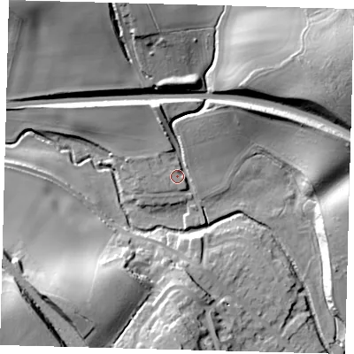 Shaded relief map of the ground around SG143RQ, computed from Environment Agency LiDAR. The ground here sits at about 61 m above sea level and falls 27 m across the surrounding 800 m. Surface water reaching this point runs off ground lying to the north-east, 8.1 m higher.