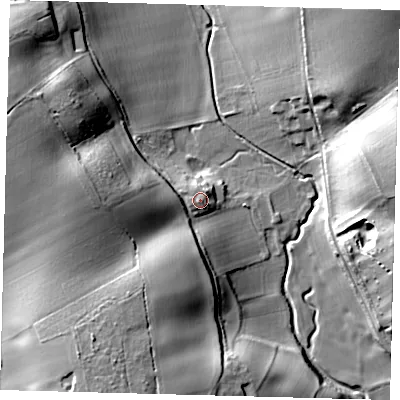 Shaded relief map of the ground around SG143RR, computed from Environment Agency LiDAR. The ground here sits at about 71 m above sea level and falls 28 m across the surrounding 800 m. Surface water reaching this point runs off ground lying to the west-south-west, 2.9 m higher.