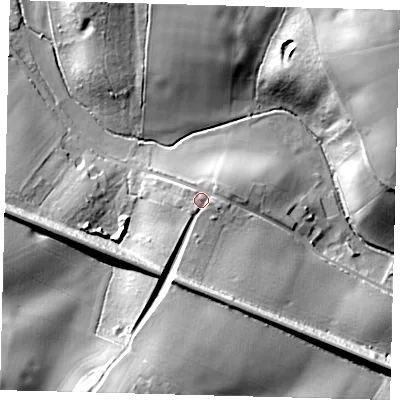 Shaded relief map of the ground around SG143RY, computed from Environment Agency LiDAR. The ground here sits at about 71 m above sea level and falls 25 m across the surrounding 800 m. Surface water reaching this point runs off ground lying to the south-west, 13.9 m higher.