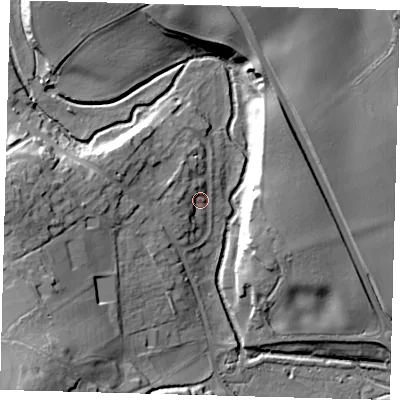 Shaded relief map of the ground around SG143SD, computed from Environment Agency LiDAR. The ground here sits at about 56 m above sea level and falls 30 m across the surrounding 800 m. Surface water reaching this point runs off ground lying to the north-west, 5.4 m higher.
