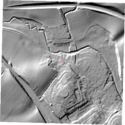 Shaded relief map of the ground around SG143ST, computed from Environment Agency LiDAR. The ground here sits at about 63 m above sea level and falls 26 m across the surrounding 800 m. Surface water reaching this point runs off ground lying to the west-south-west, 15.3 m higher.