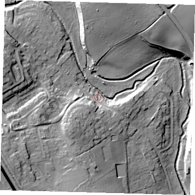 Shaded relief map of the ground around SG143SZ, computed from Environment Agency LiDAR. The ground here sits at about 58 m above sea level and falls 31 m across the surrounding 800 m. Surface water reaching this point runs off ground lying to the south-west, 23.3 m higher.