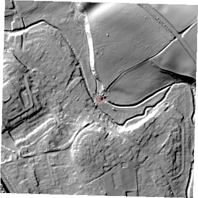Shaded relief map of the ground around SG143TB, computed from Environment Agency LiDAR. The ground here sits at about 56 m above sea level and falls 30 m across the surrounding 800 m. Surface water reaching this point runs off ground lying to the north-north-east, 20.3 m higher.