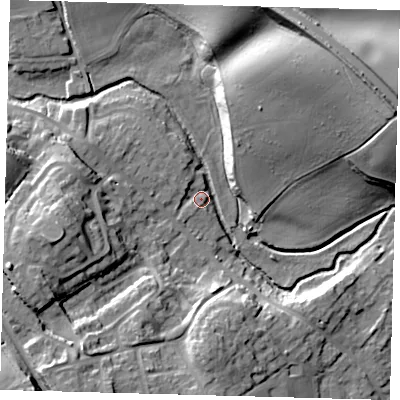 Shaded relief map of the ground around SG143TS, computed from Environment Agency LiDAR. The ground here sits at about 59 m above sea level and falls 26 m across the surrounding 800 m. Surface water reaching this point runs off ground lying to the south-south-west, 4.3 m higher.