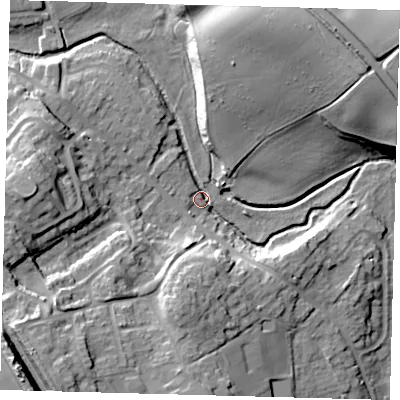 Shaded relief map of the ground around SG143TT, computed from Environment Agency LiDAR. The ground here sits at about 58 m above sea level and falls 28 m across the surrounding 800 m. Surface water reaching this point runs off ground lying to the south-west, 20.7 m higher.