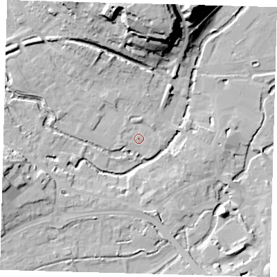 Shaded relief map of the ground around SG143UD, computed from Environment Agency LiDAR. The ground here sits at about 38 m above sea level and falls 31 m across the surrounding 800 m. Surface water reaching this point runs off ground lying to the north-north-west, 8.3 m higher.