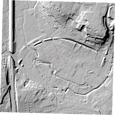 Shaded relief map of the ground around SG143YH, computed from Environment Agency LiDAR. The ground here sits at about 39 m above sea level and falls 34 m across the surrounding 800 m. Surface water reaching this point runs off ground lying to the west, 2.4 m higher.
