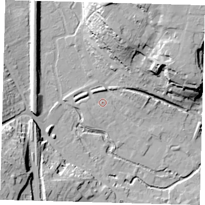 Shaded relief map of the ground around SG143YJ, computed from Environment Agency LiDAR. The ground here sits at about 40 m above sea level and falls 32 m across the surrounding 800 m. Surface water reaching this point runs off ground lying to the south-west, 0.7 m higher.