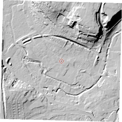 Shaded relief map of the ground around SG143YL, computed from Environment Agency LiDAR. The ground here sits at about 39 m above sea level and falls 34 m across the surrounding 800 m. Surface water reaching this point runs off ground lying to the west-north-west, 2.4 m higher.