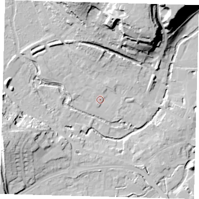 Shaded relief map of the ground around SG143YN, computed from Environment Agency LiDAR. The ground here sits at about 39 m above sea level and falls 31 m across the surrounding 800 m. Surface water reaching this point runs off ground lying to the west-north-west, 2.9 m higher.