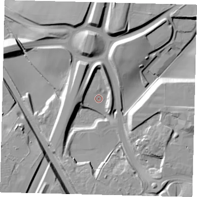 Shaded relief map of the ground around SG14FD, computed from Environment Agency LiDAR. The ground here sits at about 88 m above sea level and falls 20 m across the surrounding 800 m. Surface water reaching this point runs off ground lying to the south-south-west, 11.7 m higher.