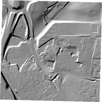 Shaded relief map of the ground around SG14WP, computed from Environment Agency LiDAR. The ground here sits at about 97 m above sea level and falls 19 m across the surrounding 800 m. Surface water reaching this point runs off ground lying to the east-south-east, 1.8 m higher.