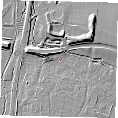 Shaded relief map of the ground around SG156GH, computed from Environment Agency LiDAR. The ground here sits at about 38 m above sea level and falls 14 m across the surrounding 800 m. Surface water reaching this point runs off ground lying to the west-north-west, 9.0 m higher.