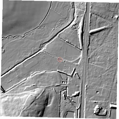 Shaded relief map of the ground around SG156RF, computed from Environment Agency LiDAR. The ground here sits at about 41 m above sea level and falls 20 m across the surrounding 800 m. Surface water reaching this point runs off ground lying to the south-south-east, 6.2 m higher.