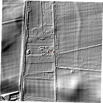 Shaded relief map of the ground around SG156SE, computed from Environment Agency LiDAR. The ground here sits at about 46 m above sea level and falls 11 m across the surrounding 800 m. Surface water reaching this point runs off ground lying to the east-south-east, 1.4 m higher.