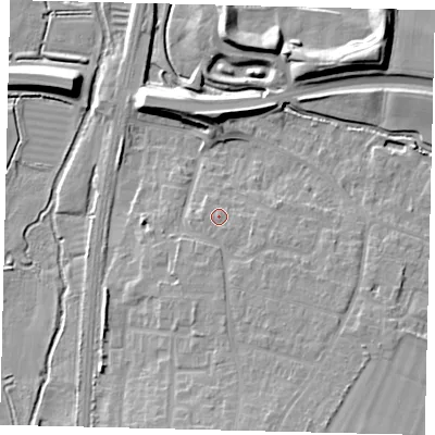 Shaded relief map of the ground around SG156UX, computed from Environment Agency LiDAR. The ground here sits at about 41 m above sea level and falls 13 m across the surrounding 800 m. Surface water reaching this point runs off ground lying to the south-south-east, 1.3 m higher.
