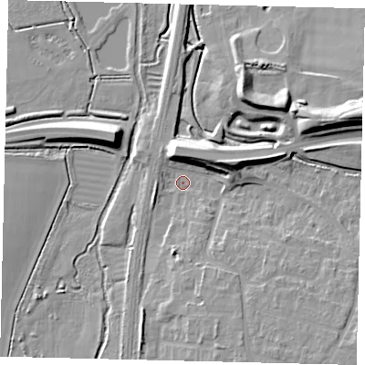Shaded relief map of the ground around SG156XA, computed from Environment Agency LiDAR. The ground here sits at about 37 m above sea level and falls 14 m across the surrounding 800 m. Surface water reaching this point runs off ground lying to the south-south-east, 5.9 m higher.