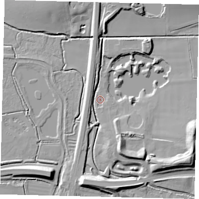 Shaded relief map of the ground around SG156XB, computed from Environment Agency LiDAR. The ground here sits at about 37 m above sea level and falls 16 m across the surrounding 800 m. Surface water reaching this point runs off ground lying to the south, 11.0 m higher.