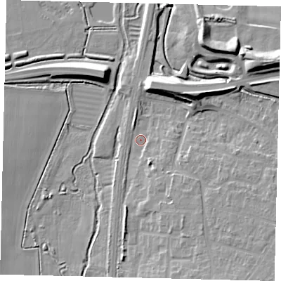 Shaded relief map of the ground around SG156XD, computed from Environment Agency LiDAR. The ground here sits at about 38 m above sea level and falls 12 m across the surrounding 800 m. Surface water reaching this point runs off ground lying to the south-south-east, 6.0 m higher.