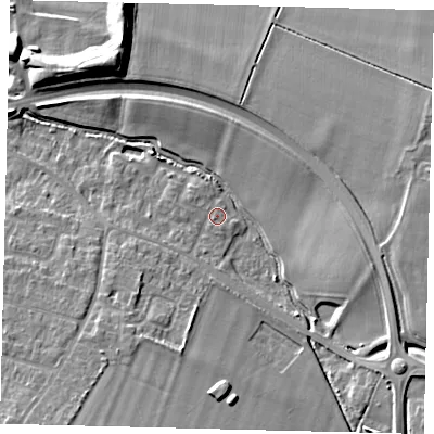 Shaded relief map of the ground around SG156XE, computed from Environment Agency LiDAR. The ground here sits at about 39 m above sea level and falls 12 m across the surrounding 800 m. Surface water reaching this point runs off ground lying to the south-west, 0.9 m higher.