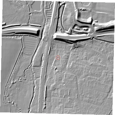 Shaded relief map of the ground around SG156XH, computed from Environment Agency LiDAR. The ground here sits at about 38 m above sea level and falls 13 m across the surrounding 800 m. Surface water reaching this point runs off ground lying to the south-south-east, 5.9 m higher.