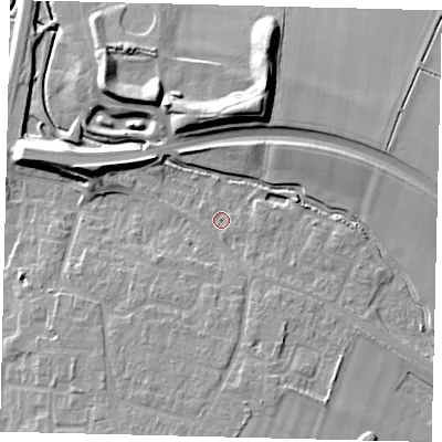 Shaded relief map of the ground around SG156XL, computed from Environment Agency LiDAR. The ground here sits at about 37 m above sea level and falls 14 m across the surrounding 800 m. Surface water reaching this point runs off ground lying to the south-south-east, 7.7 m higher.