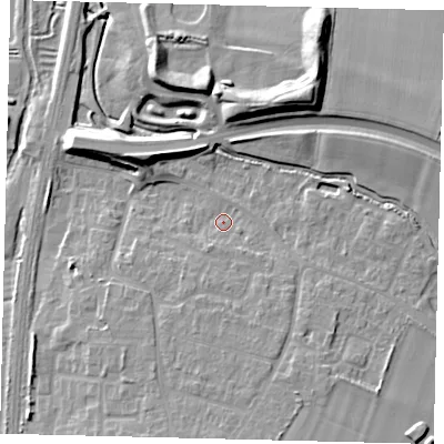 Shaded relief map of the ground around SG156XT, computed from Environment Agency LiDAR. The ground here sits at about 38 m above sea level and falls 14 m across the surrounding 800 m. Surface water reaching this point runs off ground lying to the south-south-east, 7.4 m higher.