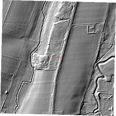 Shaded relief map of the ground around SG166AG, computed from Environment Agency LiDAR. The ground here sits at about 38 m above sea level and falls 9 m across the surrounding 800 m. Surface water reaching this point runs off ground lying to the south, 1.6 m higher.