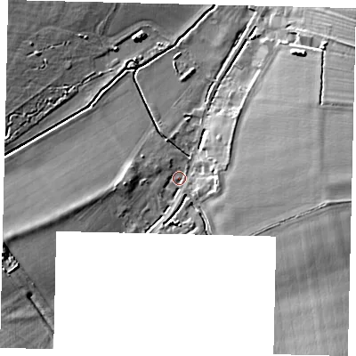 Shaded relief map of the ground around SG166BA, computed from Environment Agency LiDAR. The ground here sits at about 40 m above sea level and falls 9 m across the surrounding 800 m. Surface water reaching this point runs off ground lying to the east, 8.1 m higher.