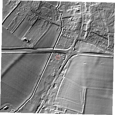 Shaded relief map of the ground around SG166BB, computed from Environment Agency LiDAR. The ground here sits at about 38 m above sea level and falls 10 m across the surrounding 800 m. Surface water reaching this point runs off ground lying to the south-south-east, 9.2 m higher.