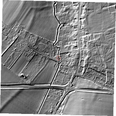 Shaded relief map of the ground around SG166BD, computed from Environment Agency LiDAR. The ground here sits at about 38 m above sea level and falls 9 m across the surrounding 800 m. Surface water reaching this point runs off ground lying to the east, 8.2 m higher.