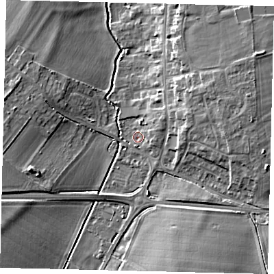 Shaded relief map of the ground around SG166BE, computed from Environment Agency LiDAR. The ground here sits at about 38 m above sea level and falls 10 m across the surrounding 800 m. Surface water reaching this point runs off ground lying to the east-north-east, 2.9 m higher.