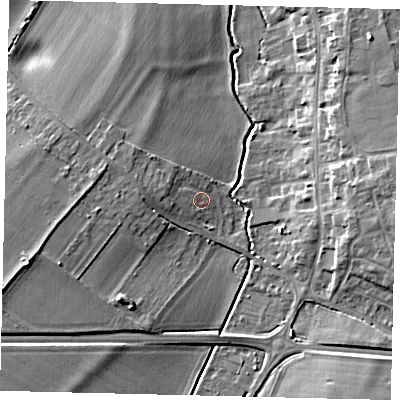 Shaded relief map of the ground around SG166BG, computed from Environment Agency LiDAR. The ground here sits at about 39 m above sea level and falls 10 m across the surrounding 800 m. Surface water reaching this point runs off ground lying to the west-north-west, 2.6 m higher.