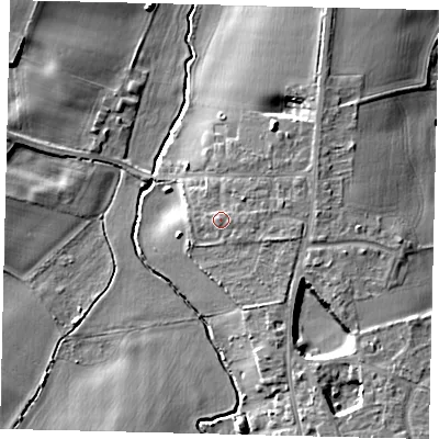 Shaded relief map of the ground around SG166BQ, computed from Environment Agency LiDAR. The ground here sits at about 41 m above sea level and falls 10 m across the surrounding 800 m. Surface water reaching this point runs off ground lying to the east-south-east, 1.3 m higher.