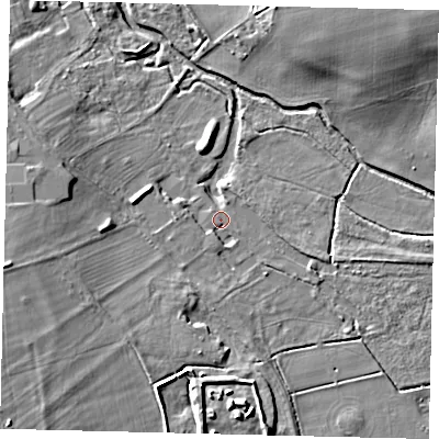 Shaded relief map of the ground around SG166DB, computed from Environment Agency LiDAR. The ground here sits at about 36 m above sea level and falls 12 m across the surrounding 800 m. Surface water reaching this point runs off ground lying to the south, 1.6 m higher.