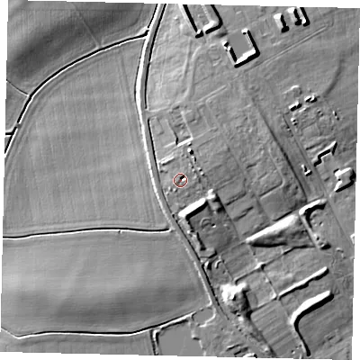 Shaded relief map of the ground around SG166EB, computed from Environment Agency LiDAR. The ground here sits at about 53 m above sea level and falls 10 m across the surrounding 800 m. Surface water reaching this point runs off ground lying to the east-north-east, 1.6 m higher.