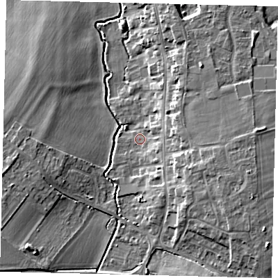 Shaded relief map of the ground around SG166EQ, computed from Environment Agency LiDAR. The ground here sits at about 38 m above sea level and falls 10 m across the surrounding 800 m. Surface water reaching this point runs off ground lying to the east-south-east, 7.1 m higher.