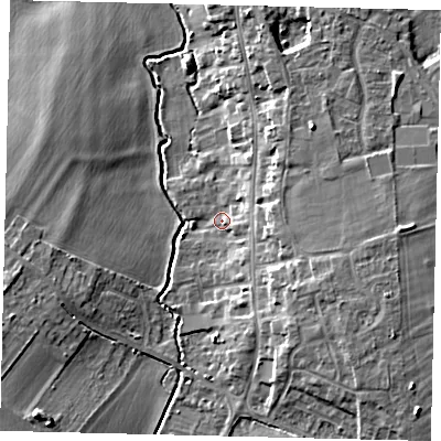Shaded relief map of the ground around SG166GT, computed from Environment Agency LiDAR. The ground here sits at about 38 m above sea level and falls 10 m across the surrounding 800 m. Surface water reaching this point runs off ground lying to the east, 4.9 m higher.