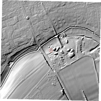 Shaded relief map of the ground around SG166GU, computed from Environment Agency LiDAR. The ground here sits at about 47 m above sea level and falls 17 m across the surrounding 800 m. Surface water reaching this point runs off ground lying to the south-east, 7.2 m higher.