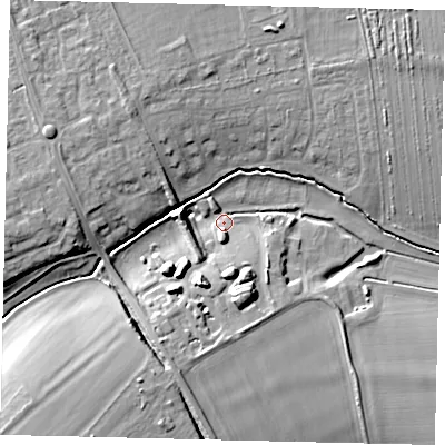 Shaded relief map of the ground around SG166GW, computed from Environment Agency LiDAR. The ground here sits at about 45 m above sea level and falls 15 m across the surrounding 800 m. Surface water reaching this point runs off ground lying to the south-south-east, 13.1 m higher.