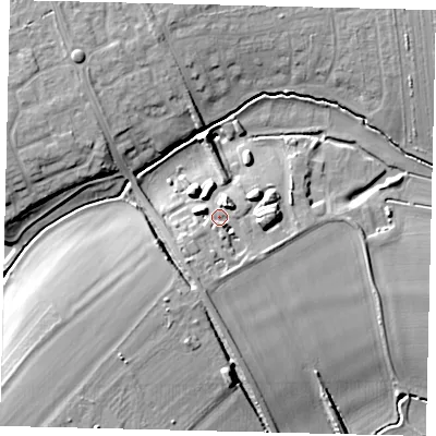 Shaded relief map of the ground around SG166GY, computed from Environment Agency LiDAR. The ground here sits at about 49 m above sea level and falls 17 m across the surrounding 800 m. Surface water reaching this point runs off ground lying to the south-south-west, 5.0 m higher.