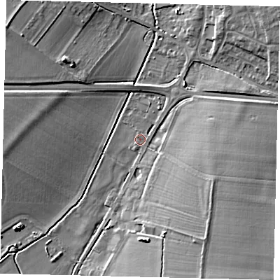 Shaded relief map of the ground around SG166GZ, computed from Environment Agency LiDAR. The ground here sits at about 38 m above sea level and falls 10 m across the surrounding 800 m. Surface water reaching this point runs off ground lying to the south-east, 9.3 m higher.