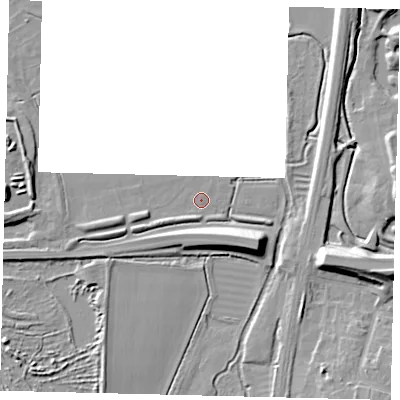 Shaded relief map of the ground around SG166LN, computed from Environment Agency LiDAR. The ground here sits at about 37 m above sea level and falls 12 m across the surrounding 800 m. Surface water reaching this point runs off ground lying to the west-south-west, 2.7 m higher.