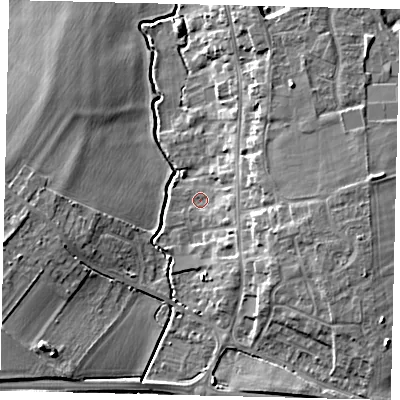 Shaded relief map of the ground around SG166LX, computed from Environment Agency LiDAR. The ground here sits at about 38 m above sea level and falls 10 m across the surrounding 800 m. Surface water reaching this point runs off ground lying to the east-south-east, 7.1 m higher.