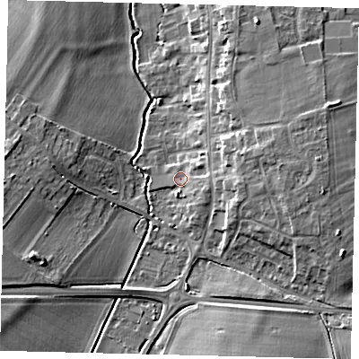 Shaded relief map of the ground around SG166NQ, computed from Environment Agency LiDAR. The ground here sits at about 39 m above sea level and falls 10 m across the surrounding 800 m. Surface water reaching this point runs off ground lying to the east, 4.5 m higher.
