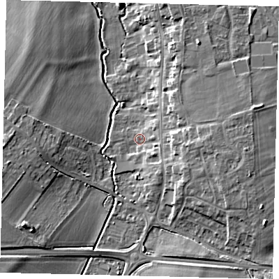 Shaded relief map of the ground around SG166PA, computed from Environment Agency LiDAR. The ground here sits at about 38 m above sea level and falls 10 m across the surrounding 800 m. Surface water reaching this point runs off ground lying to the east, 7.0 m higher.