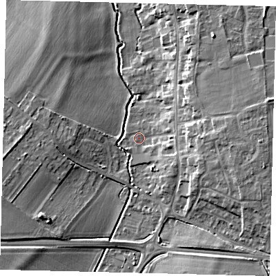 Shaded relief map of the ground around SG166PB, computed from Environment Agency LiDAR. The ground here sits at about 38 m above sea level and falls 9 m across the surrounding 800 m. Surface water reaching this point runs off ground lying to the east, 7.1 m higher.