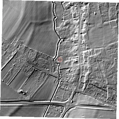 Shaded relief map of the ground around SG166PD, computed from Environment Agency LiDAR. The ground here sits at about 38 m above sea level and falls 9 m across the surrounding 800 m. Surface water reaching this point runs off ground lying to the east, 7.1 m higher.