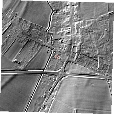 Shaded relief map of the ground around SG166PL, computed from Environment Agency LiDAR. The ground here sits at about 38 m above sea level and falls 9 m across the surrounding 800 m. Surface water reaching this point runs off ground lying to the east-north-east, 8.0 m higher.